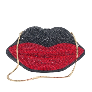 Pochette de soirée en forme de lèvres avec cristaux rouges et chaîne dorée