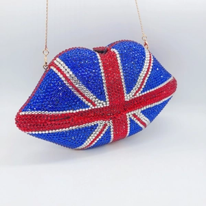 Lip-shaped clutch bag with British flag rhinestones and golden shoulder chain