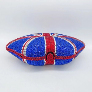 Macro detail of Union Jack crystal evening clutch bag with red white and blue rhinestones
