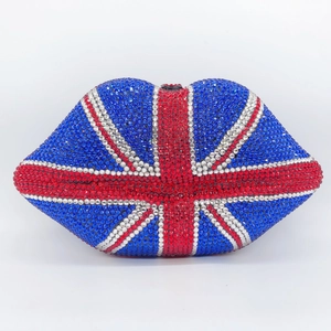 Detailed view of Union Jack lip-shaped evening bag with crystal rhinestones and metal frame