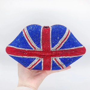 Detail of union jack flag crystal embellished lip clutch bag for formal gala evening