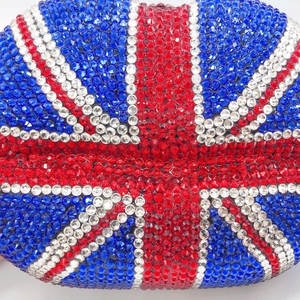 Detailed close-up of Union Jack pattern featuring luxury rhinestones on a lip clutch bag