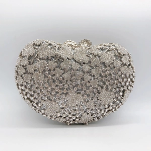 Elegant grape leaf rhinestone evening clutch bag with floral metal frame and crystal clasp