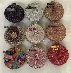 Multiple colors of luxury round crystal clutches with shimmering rhinestones and metal clasps