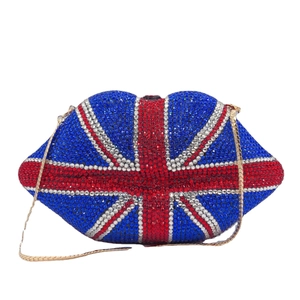 Lip-shaped clutch bag with Union Jack rhinestone patterns and golden chain strap