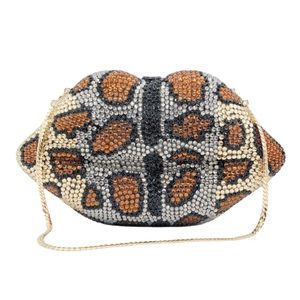 Lip-shaped evening clutch bag with leopard print rhinestones and gold chain strap