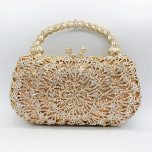 Luxury Rhinestone Evening Clutch Bag Hollow Out Floral Metal Handbag For Wedding Party Banquet
