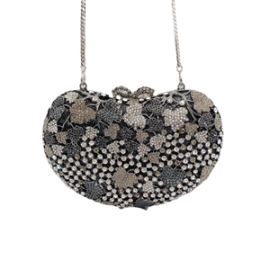 Sparkling grape leaf evening clutch bag with rhinestones and silver metal chain