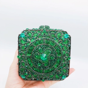 Elegant green crystal square evening clutch bag with luxury floral pattern and metal clasp