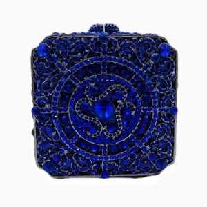 Detailed view of the square blue evening clutch with intricate rhinestones and gemstones