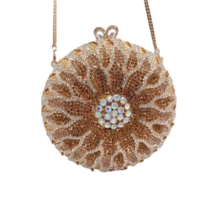 Luxury Round Evening Clutch Bag Full Rhinestone Metal Flower Pattern Banquet Wedding Party Elegant Handbag With Chain