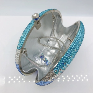 Luxurious blue gradient rhinestone evening clutch bag with detachable silver chain strap