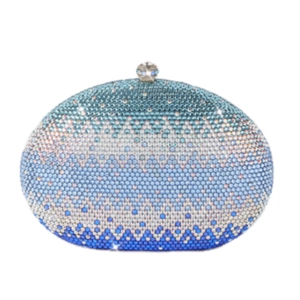 Detailed view of ombre rhinestone evening clutch bag with teal and blue crystal waves