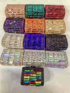 Detailed grid showing luxury rhinestone evening clutch purses in thirteen vibrant colors