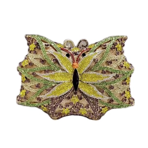 Elegant butterfly evening bag encrusted with colorful rhinestones on a white background