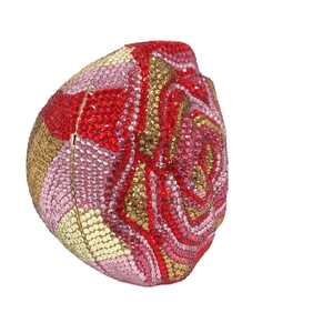 Sparkling rose bud evening clutch bag with red and gold crystals in a hard case metal frame