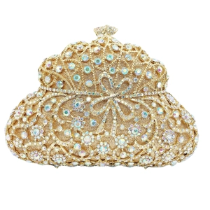 Pochette de soirée dorée avec strass cristallins floraux et cadre en métal