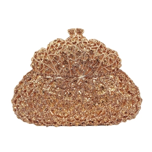 Pochette de soirée dorée avec strass cadre métallique et nœud en cristal brillant