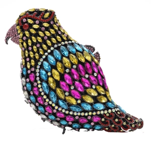 Luxury parrot shaped evening clutch bag with colorful rhinestones and metal frame