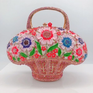 Sac De Soirée Panier De Fleurs Luxe Strass Émail Métal Pochette Main Pour Fête Mariage Femmes