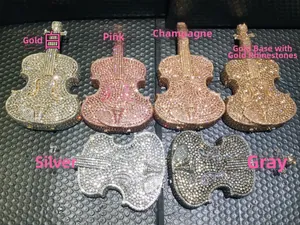 Detailed collection of violin-shaped evening clutch bags in six sparkling crystal colors