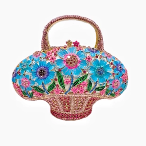 Pochette panier de soirée avec cristaux colorés et détails de fleurs émaillées