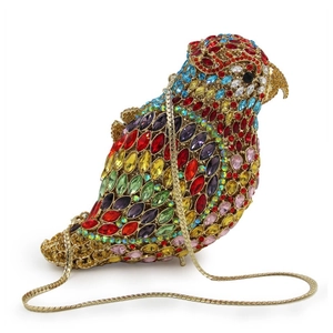 Detailed close-up of a luxury parrot evening bag featuring multicolored crystals and gold chain