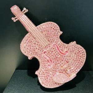 Elegant pink rhinestone violin-shaped evening clutch bag with gold metallic accents
