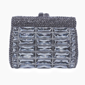 Detailed view of silver rhinestone clutch purse featuring large rectangular crystal grids