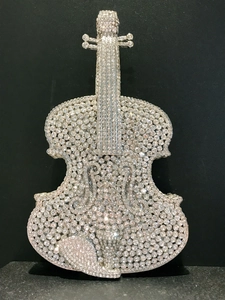 Detailed close-up of violin evening clutch bag featuring brilliant full rhinestone inlay