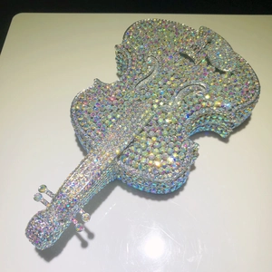 Exquisite violin-shaped clutch bag covered in sparkling AB rhinestones with metal hardware