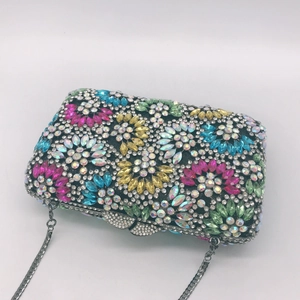 Floral crystal clutch bag with colorful rhinestones and silver chain strap