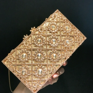 Luxury gold sunflower evening clutch bag with sparkling diamonds and metal chain