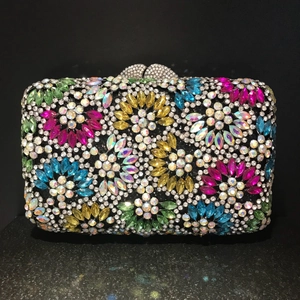 Floral rhinestone evening clutch bag with sparkling multi-color crystals and shell clasp