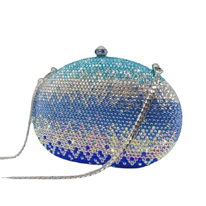 Gradient blue crystal rhinestone clutch bag with silver chain and jewel clasp closure