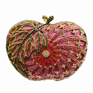 Apple Shaped Evening Clutch Bag Luxury Full Rhinestones Hollow Leaf Metal Frame Banquet Party Formal Purse For Women