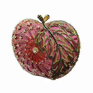 Luxurious pink apple-shaped clutch bag with sparkling floral crystal rhinestones