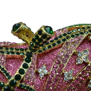 Luxurious apple-shaped evening clutch with sparkling rhinestones and green gemstone closure