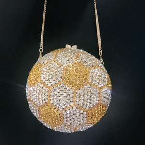 Sparkling soccer-shaped evening clutch bag with rhinestones and golden chain strap