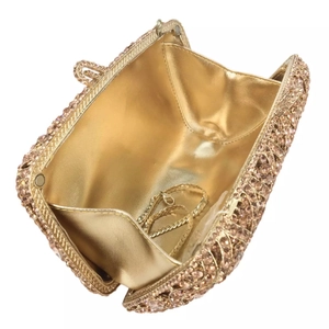 Pochette de soirée élégante avec strass champagne, cadre en métal et chaîne