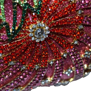 Apple shaped luxury evening clutch bag with colorful crystals and floral metal design