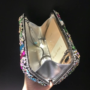 Luxurious rainbow rhinestone evening clutch bag with chain strap and phone capacity view