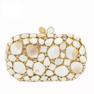 Luxurious Shell Rhinestone Evening Clutch Bag Mother Of Artificial Pearl Metal Hard Shell Party Handbag For Women