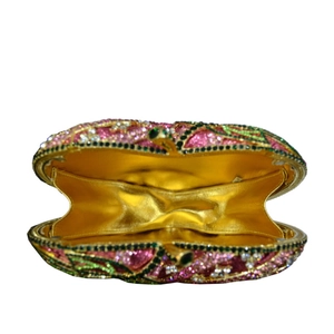 Sparkling apple-shaped evening clutch bag with colorful rhinestones and gold interior