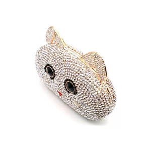 Detailed view of cat-shaped evening clutch bag featuring silver crystal embellishments