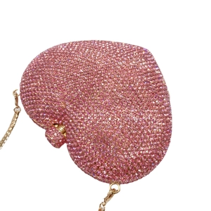 Pink heart-shaped rhinestone evening clutch bag with gold chain strap for formal parties
