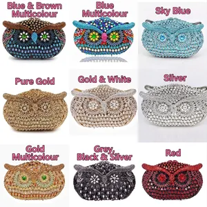 Luxurious owl-shaped clutch bags in nine colors featuring full rhinestone and gemstone