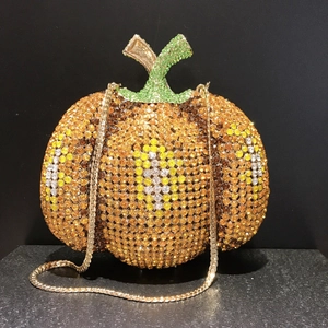 Elegante borsa da sera a forma di zucca con strass scintillanti e catena dorata