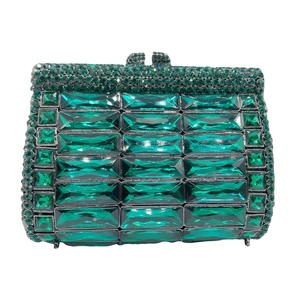 Elegant emerald green crystal evening clutch bag with rhinestone rectangular framing