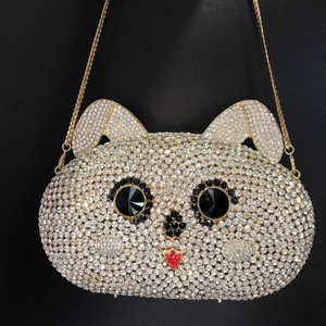 Elegant cat shaped crystal evening clutch bag with sparkling rhinestones and gold chain strap